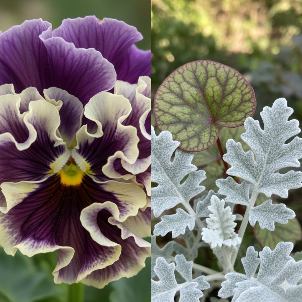 ミルフル 寄せ植え　ミルフルのフリル咲き花弁とヒューケラの丸い葉・シロタエギクの質感によるテクスチャの対比