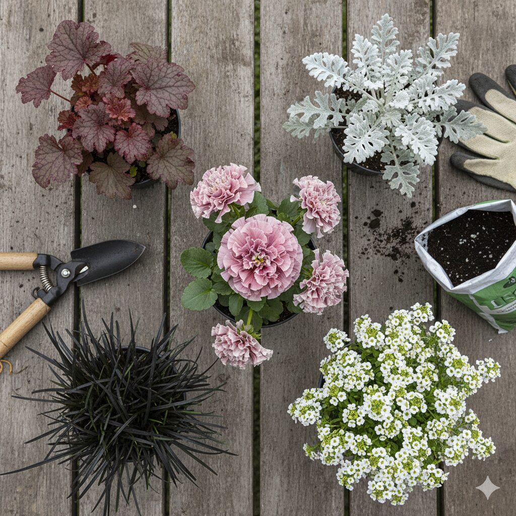 ミルフル 寄せ植え　ミルフルと相性の良いコンパニオンプランツ（ヒューケラ、シロタエギク、コクリュウ、アリッサム）の苗一覧