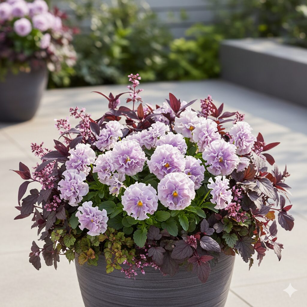 ミルフル 寄せ植え　紫系のミルフルとダークカラーの葉を組み合わせたトーン・オン・トーン（同系色）配色のシックな寄せ植え