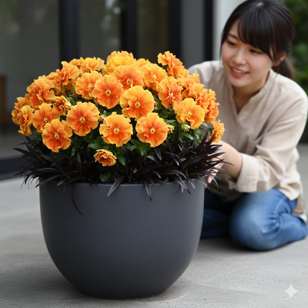 ミルフル 寄せ植え　黄色・オレンジ系のミルフルと黒い葉のコクリュウを組み合わせた補色対比（コントラスト）の寄せ植え