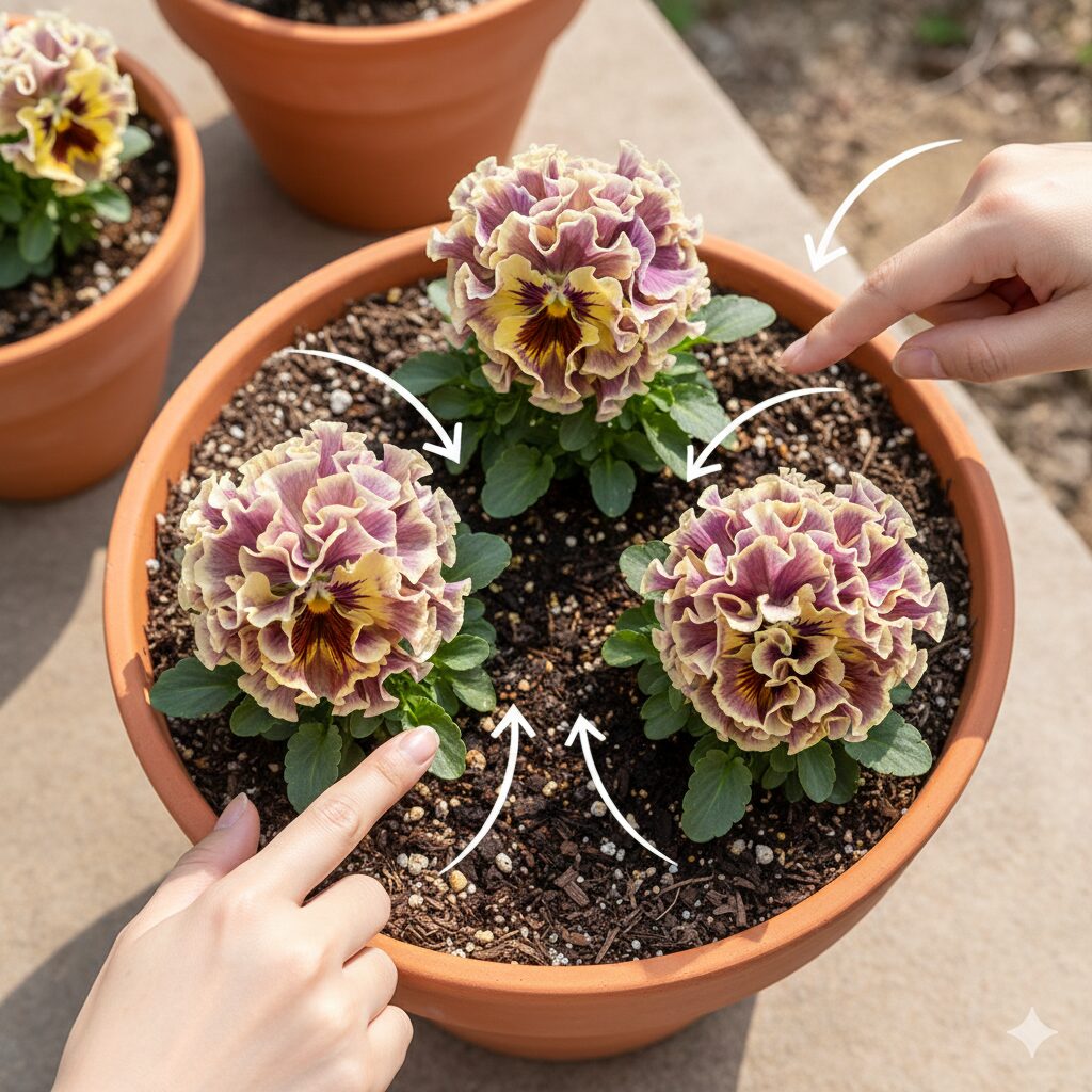 ミルフル 寄せ植え　　　30cm丸鉢におけるミルフルの3株植え配置図と通気性を確保するためのスペース