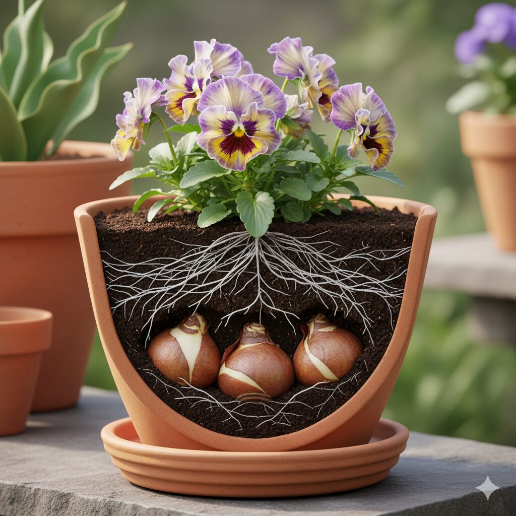 ミルフル 寄せ植え　鉢の下層にチューリップ球根、上層にミルフルを植え付けるダブルデッカー（二層植え）の断面構造図