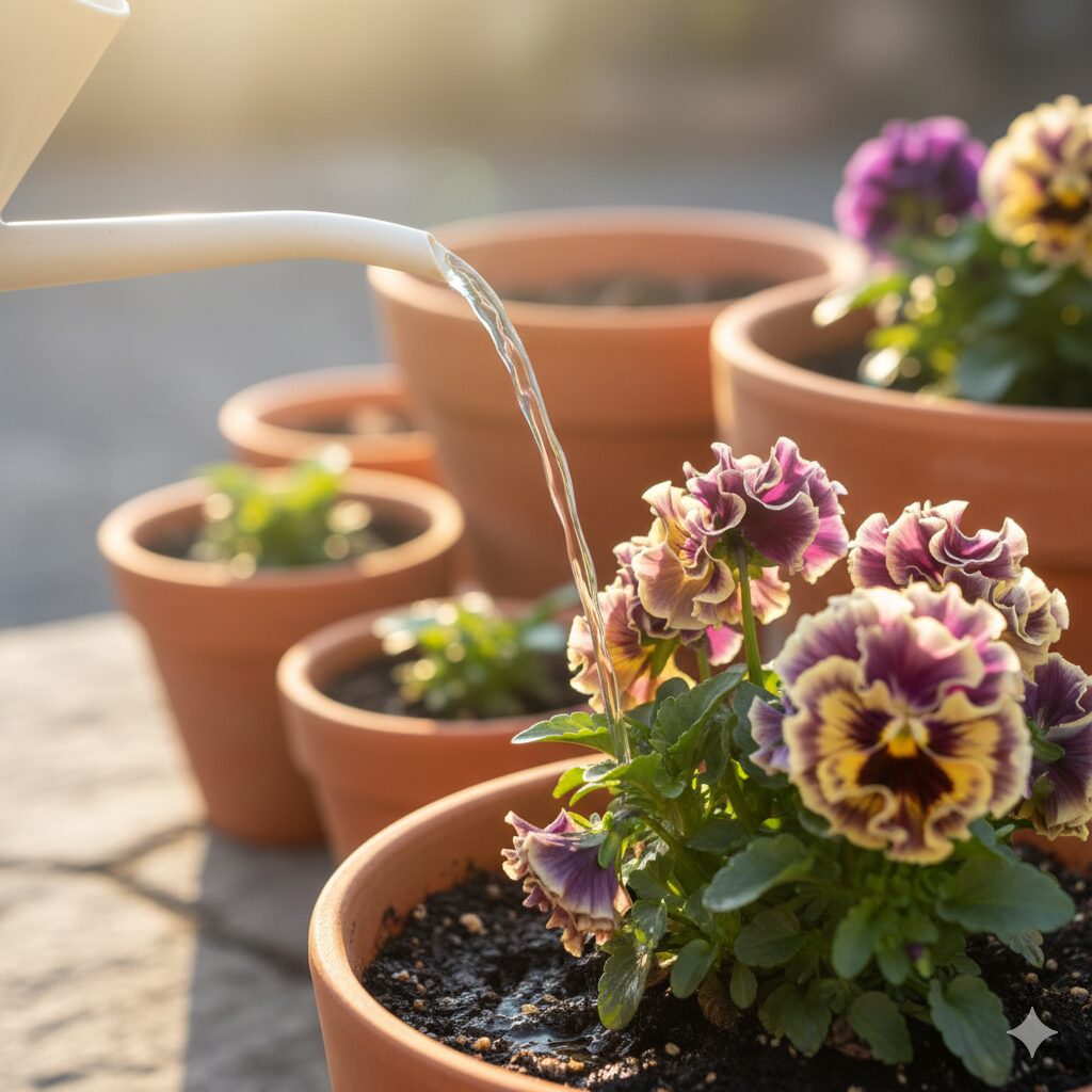 ミルフル 寄せ植え　冬の凍結を防ぐため、暖かい午前中にミルフルの株元へ優しく水やりをする様子