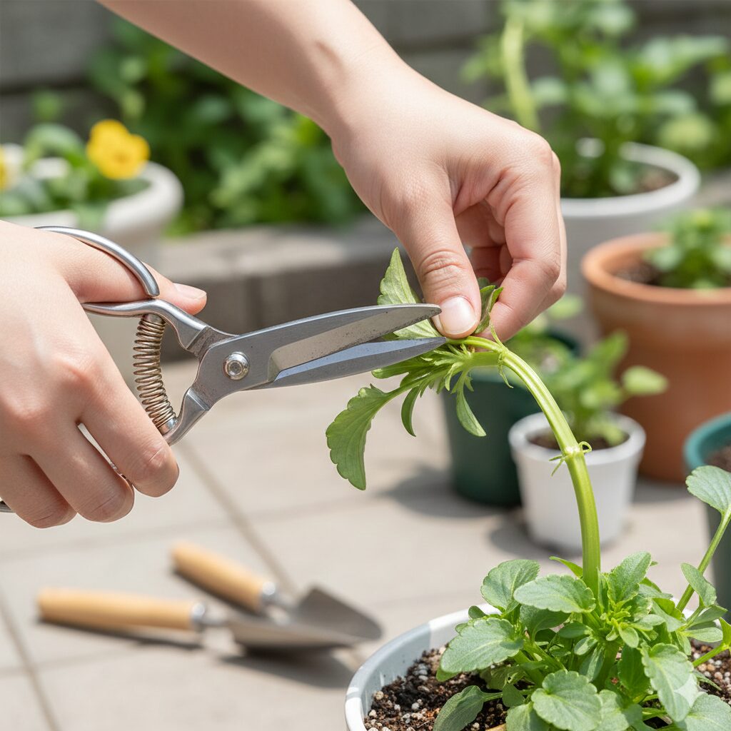 ミルフル 育て方 切り戻しの失敗を防ぐため、必ず葉が残っている節の直上で茎をカットする正しい剪定位置の目安