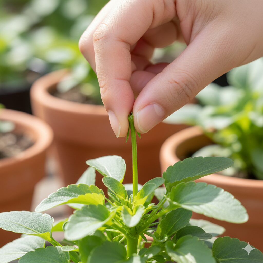 ミルフル 育て方 ビオラの苗の先端(成長点)を指で摘み取り、脇芽の成長を促す摘心(ピンチ)の手順