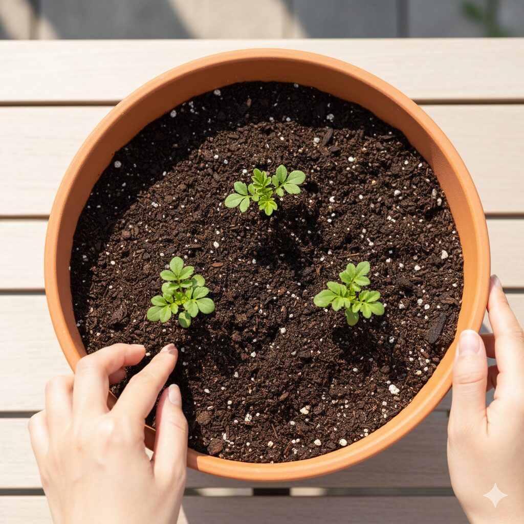 ミルフル 育て方 30cm(10号)の丸鉢に対して3株のミルフル苗を三角形に配置する理想的な植え付けレイアウト