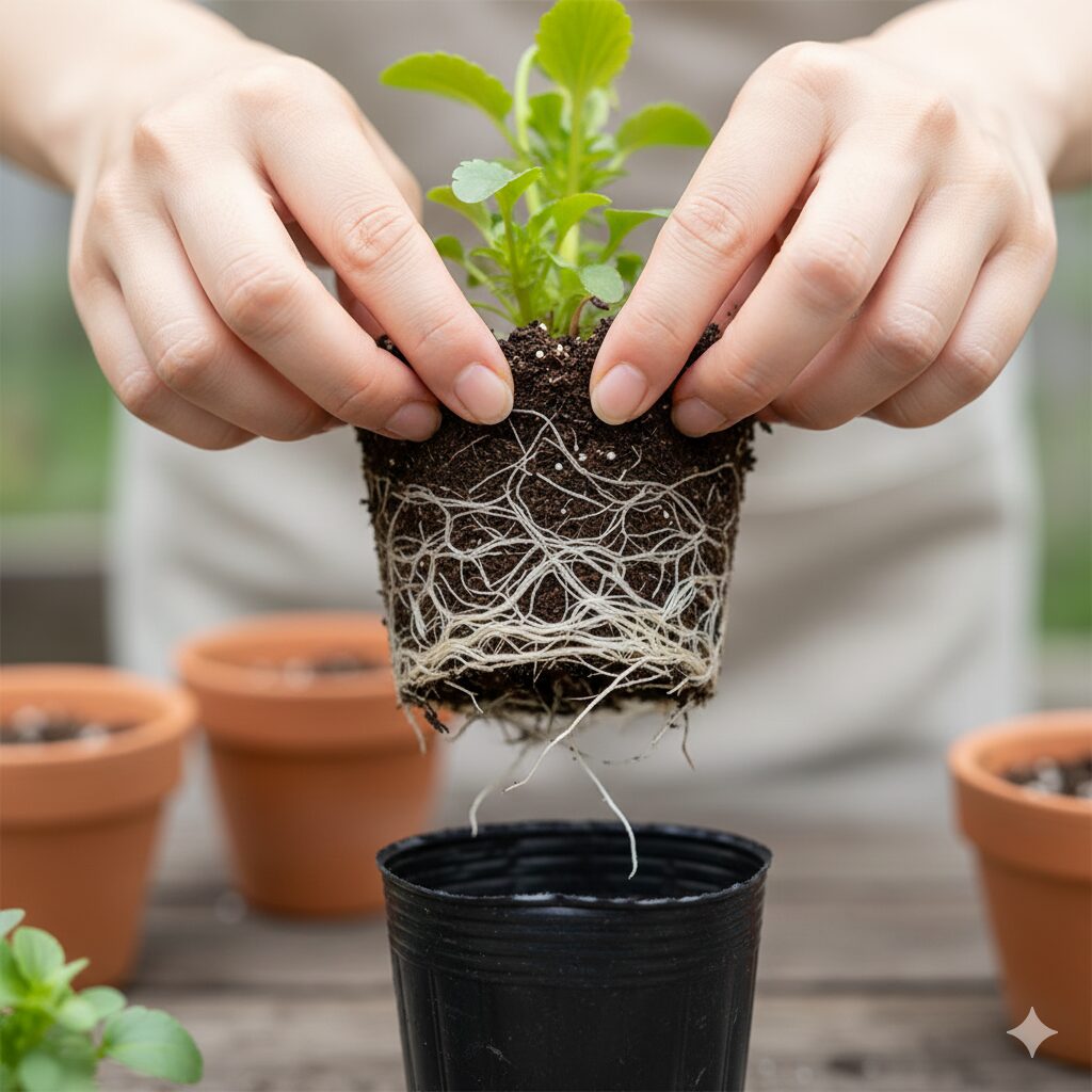 ミルフル 育て方 植え付け前にポットから抜いたミルフル苗の根鉢の底を優しくほぐし、活着を良くする下準備の様子