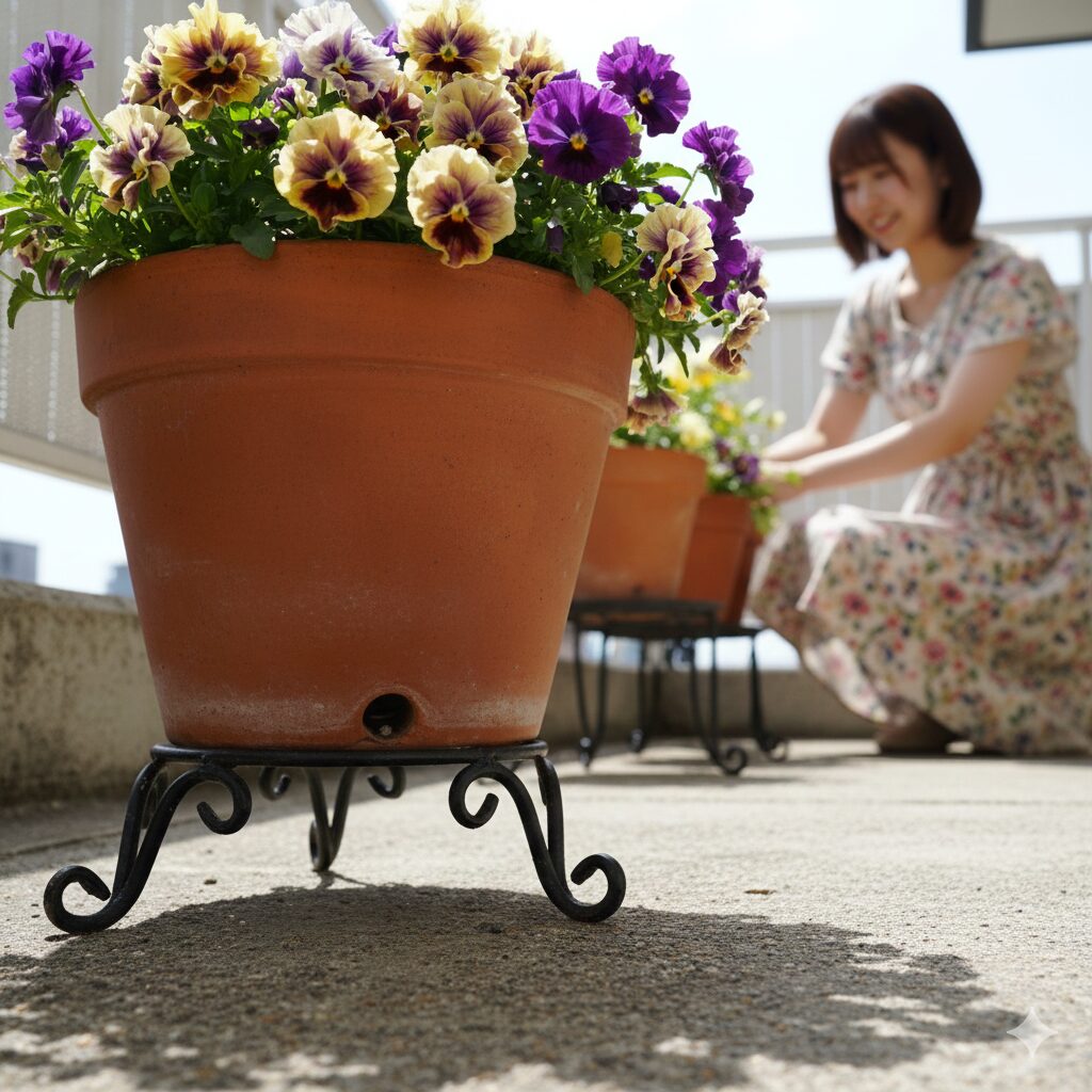 ミルフル 育て方 ポットフィートを使用して鉢を地面から浮かせ、コンクリートからの底冷えと過湿を防ぐ冬越しの工夫