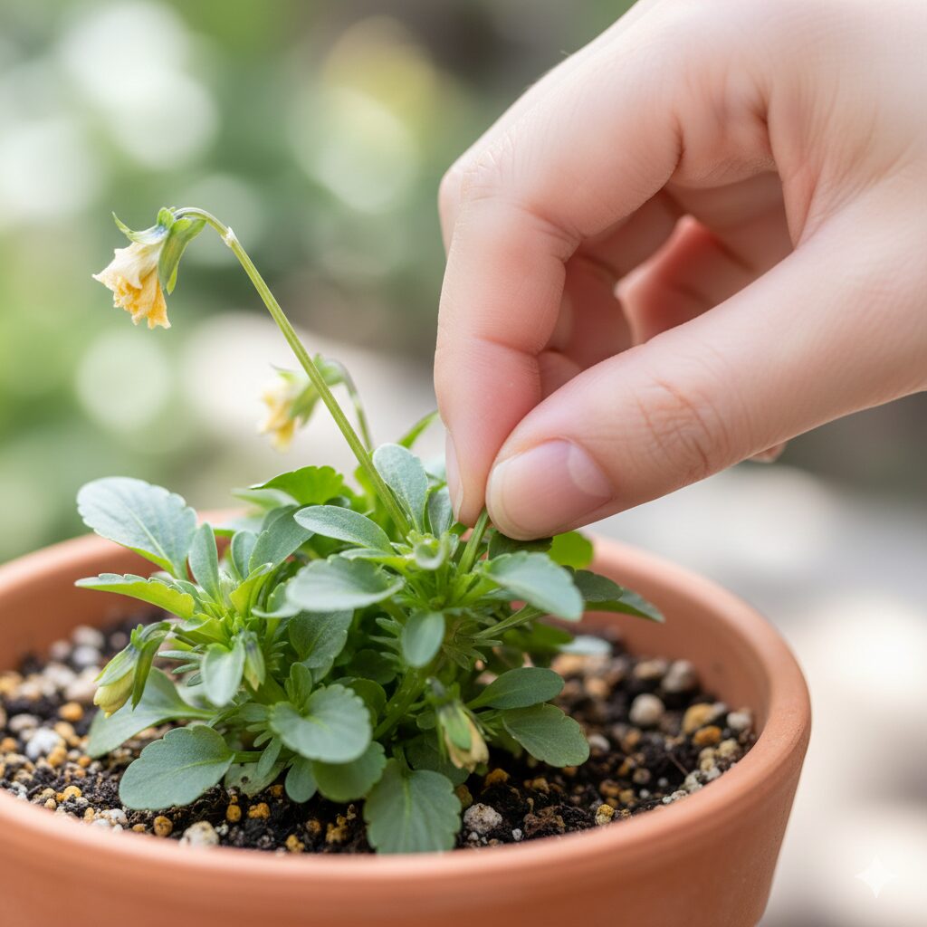 ミルフル 育て方 灰色かび病を防ぐため、花茎の付け根から摘み取る正しい花がら摘みの手元クローズアップ