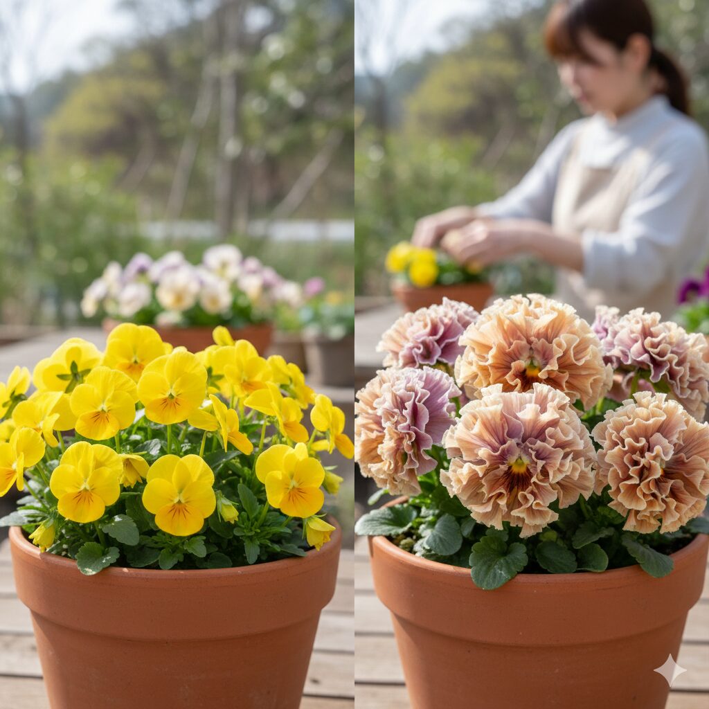 ミルフル 花言葉 一般的な丸弁のビオラ(左)と豪華なフリル咲きのミルフル(右)の比較写真