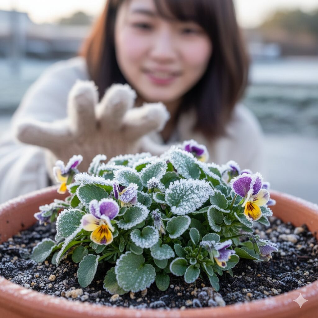 ミルフル 花言葉 厳しい冬の寒さと霜に耐えながら、力強く生きるミルフルの苗の様子