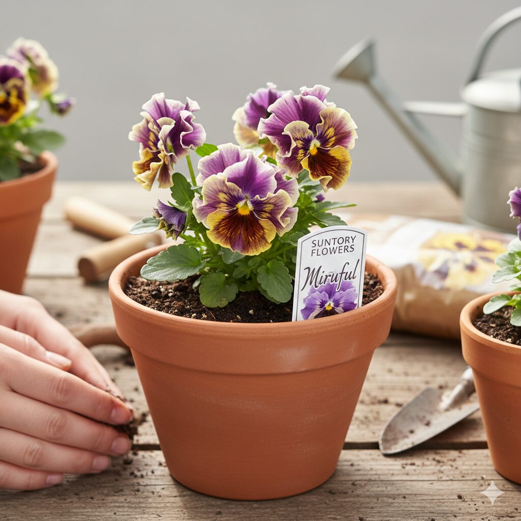 ミルフル 花言葉 鉢に植え付けられたばかりのサントリー「ミルフル」の苗と品種ラベル