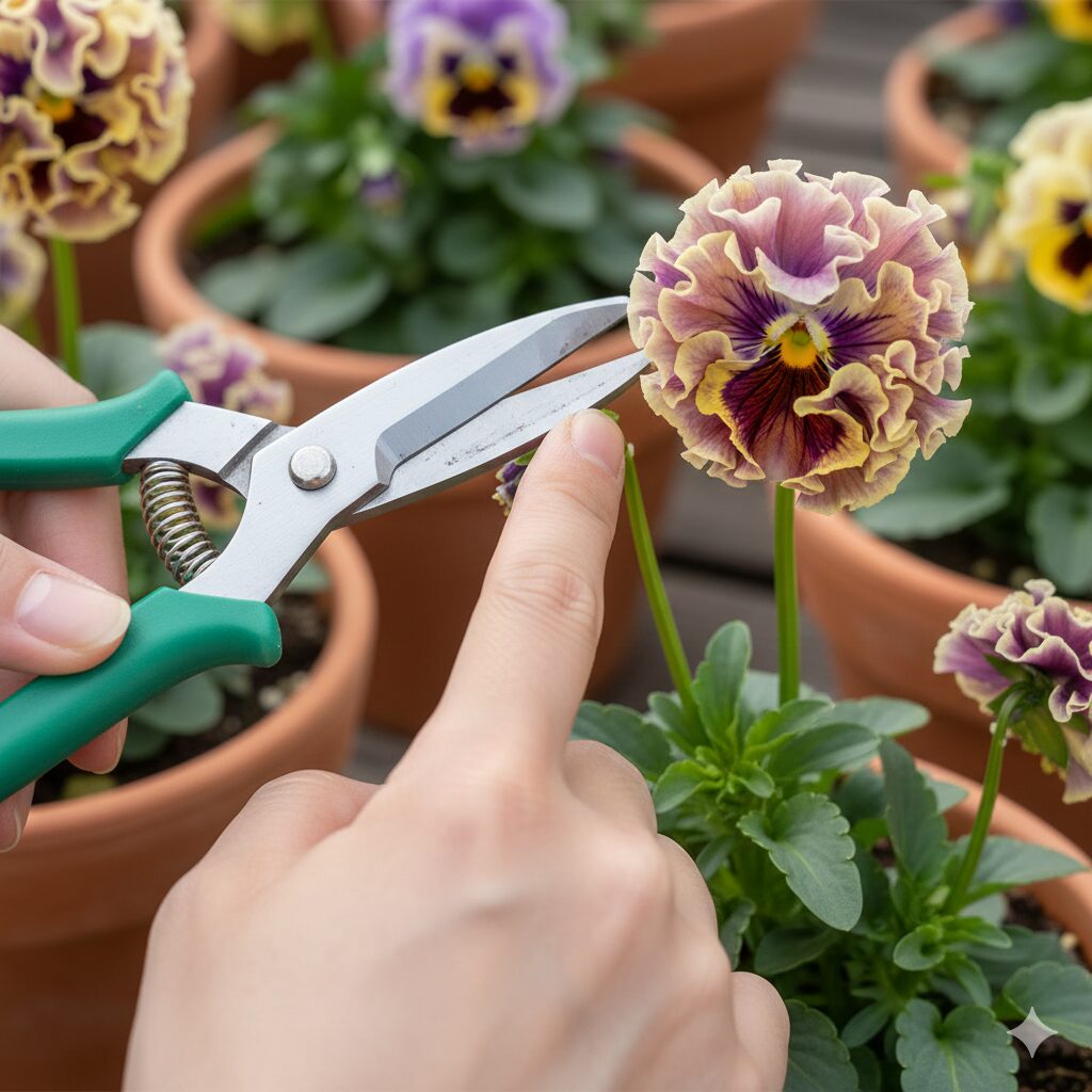 ミルフル 花言葉 ミルフルの脇芽を増やして満開にするため、茎の先端をハサミで摘心している様子