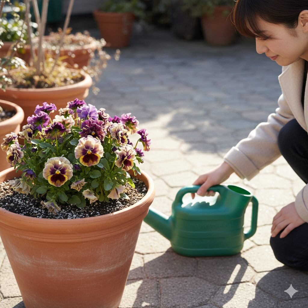 ミルフル 花言葉 土の表面が白く乾いたミルフルの鉢植えと、水やりのためのジョウロ