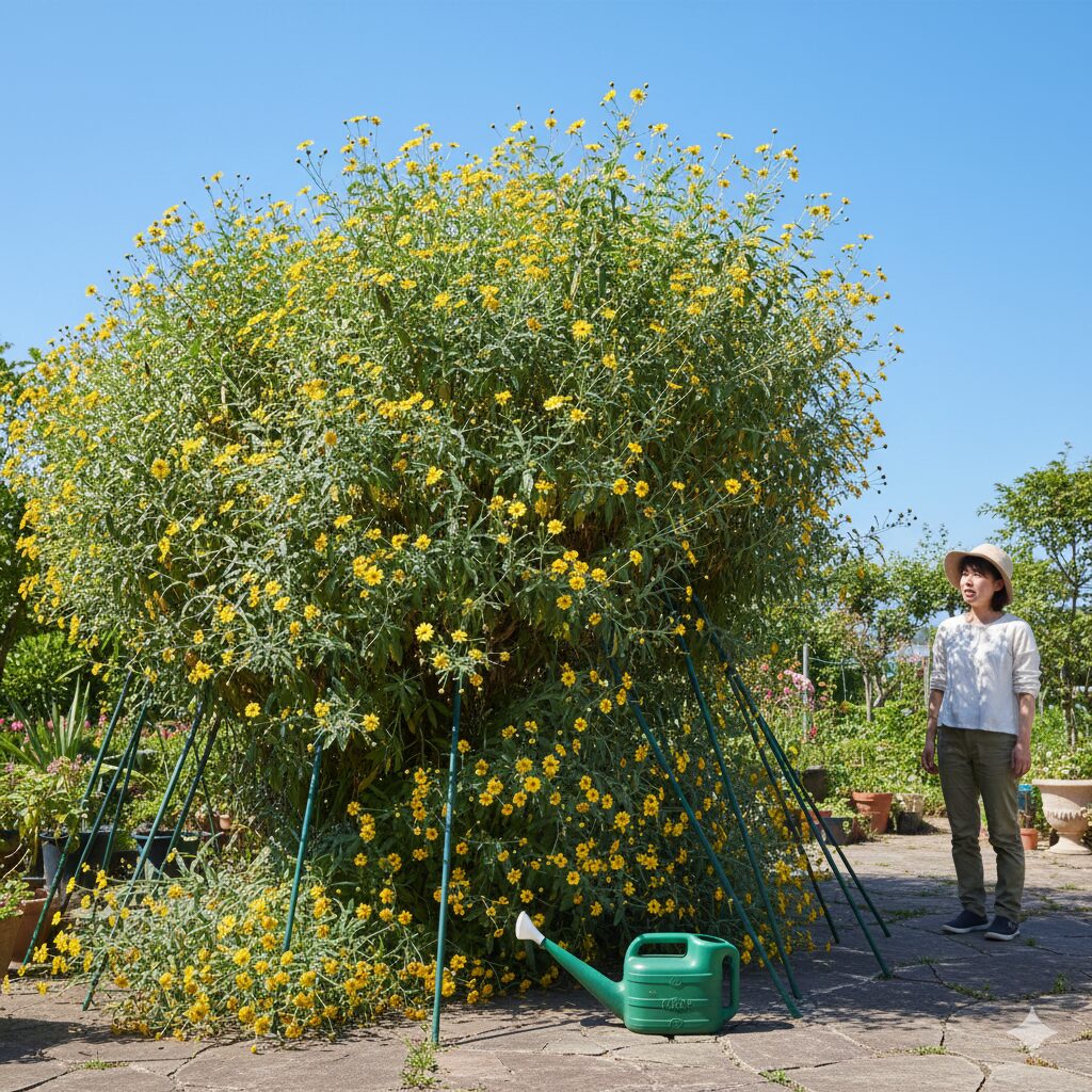 ユリオプスデージー 大きくなりすぎ 庭で大人の背丈ほどに巨大化し、支柱で支えきれないほど成長したユリオプスデージーの様子。