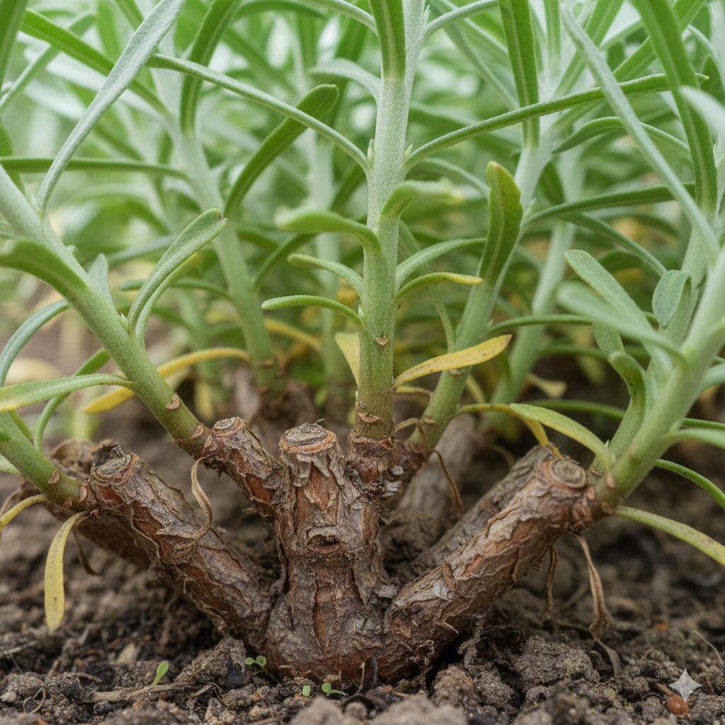 ユリオプスデージー 大きくなりすぎ ユリオプスデージーの株元。茶色く硬く木質化した古い茎と、上部の緑色の若い茎の比較。