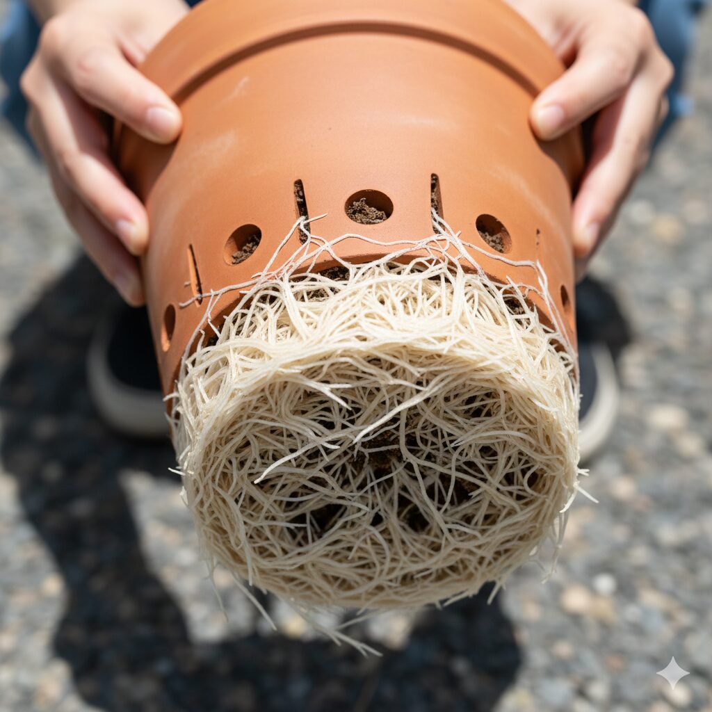 ユリオプスデージー 大きくなりすぎ 鉢植えのユリオプスデージーの鉢底から、太い根が勢いよく外部へ飛び出している様子。