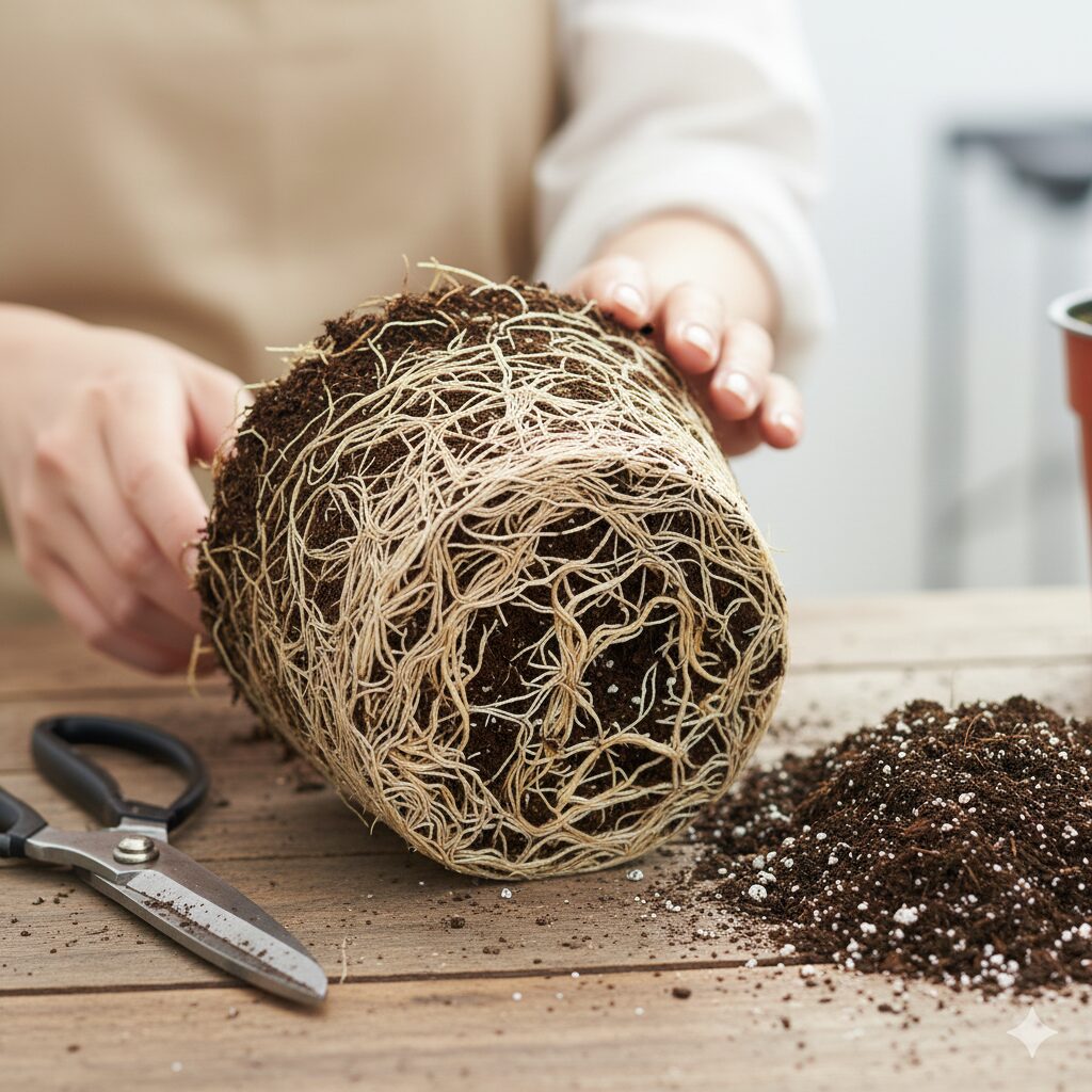 ユリオプスデージー 大きくなりすぎ 鉢から抜いた直後の、根がびっしりと回って固まったユリオプスデージーの根鉢。