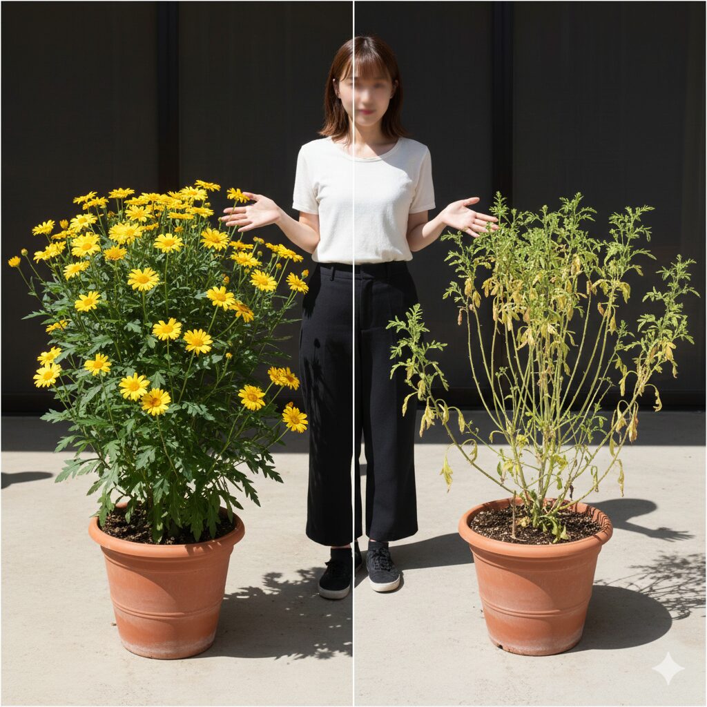 ユリオプスデージー 大きくなりすぎ 日照条件による比較。左は健康でがっしりした株、右は日照不足でひょろひょろに徒長したユリオプスデージー。
