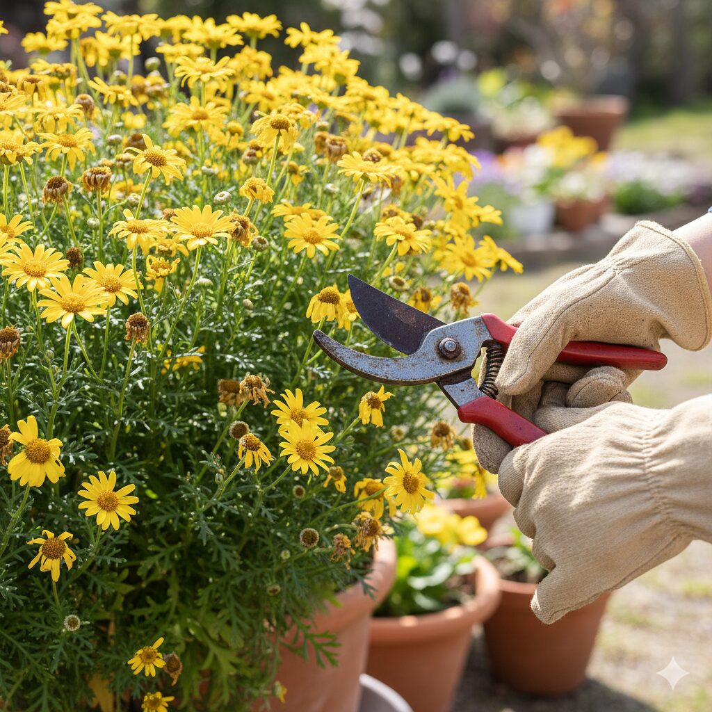 ユリオプスデージー 大きくなりすぎ 春、大きくなりすぎたユリオプスデージーの剪定作業を始めようとハサミを構えるガーデナーの手元。