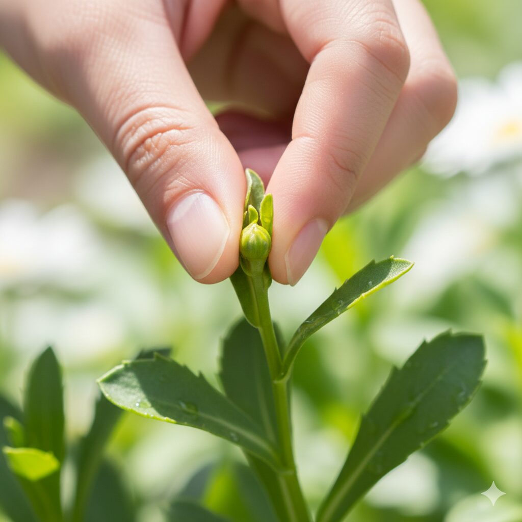 ユリオプスデージー 大きくなりすぎ 春、大きくなりすぎたユリオプスデージーの剪定作業を始めようとハサミを構えるガーデナーの手元。