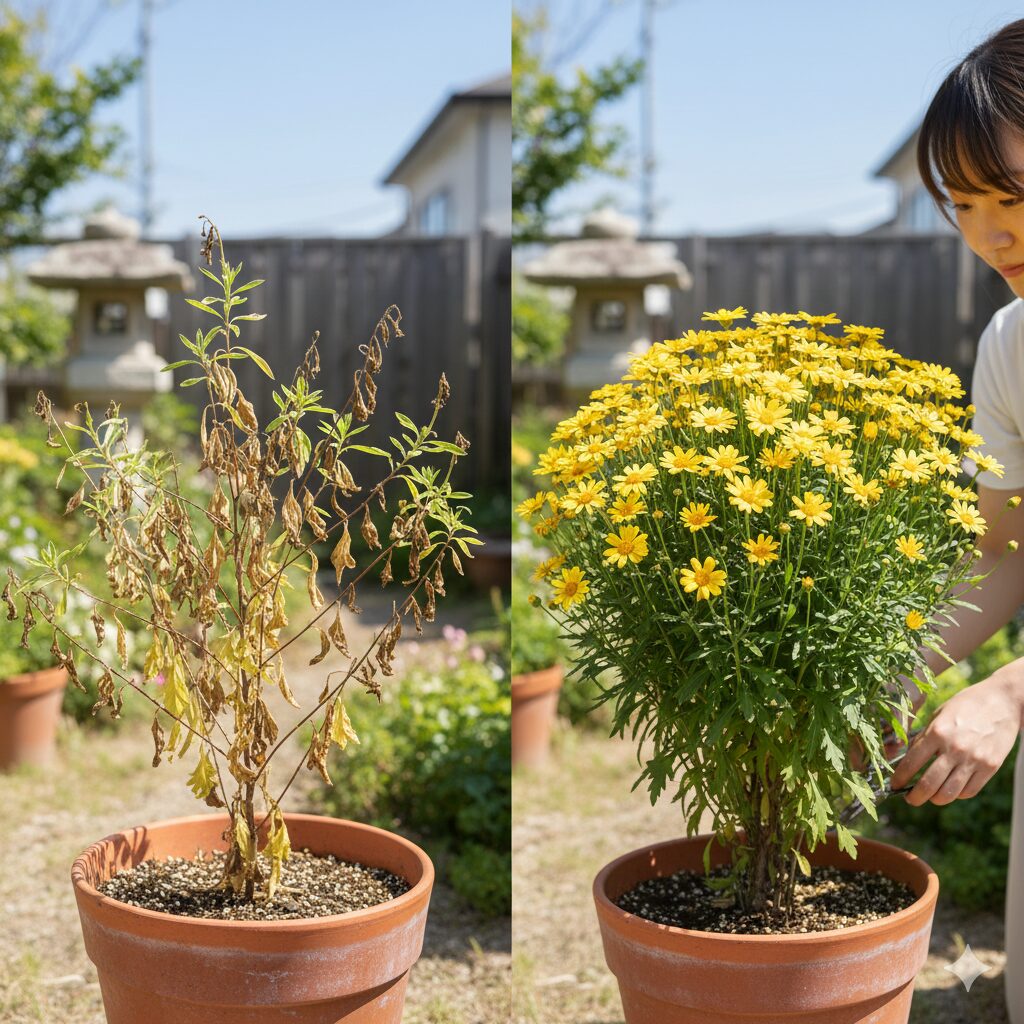 ユリオプスデージー 摘心　ユリオプスデージーの剪定失敗例（徒長した株）と成功例（こんもり茂った満開の株）の比較写真