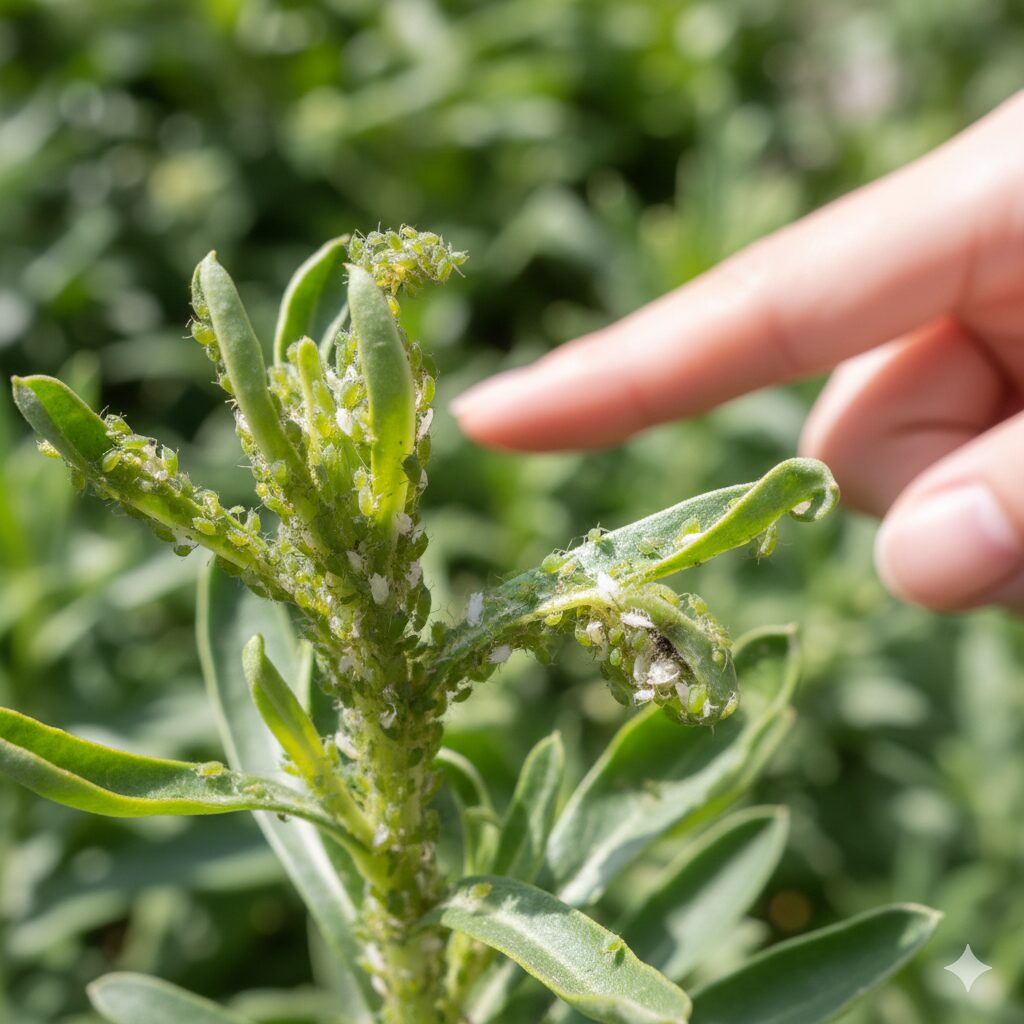 ユリオプスデージー 摘心　摘心後の柔らかい新芽に発生しやすいアブラムシの被害と早期発見のための識別写真
