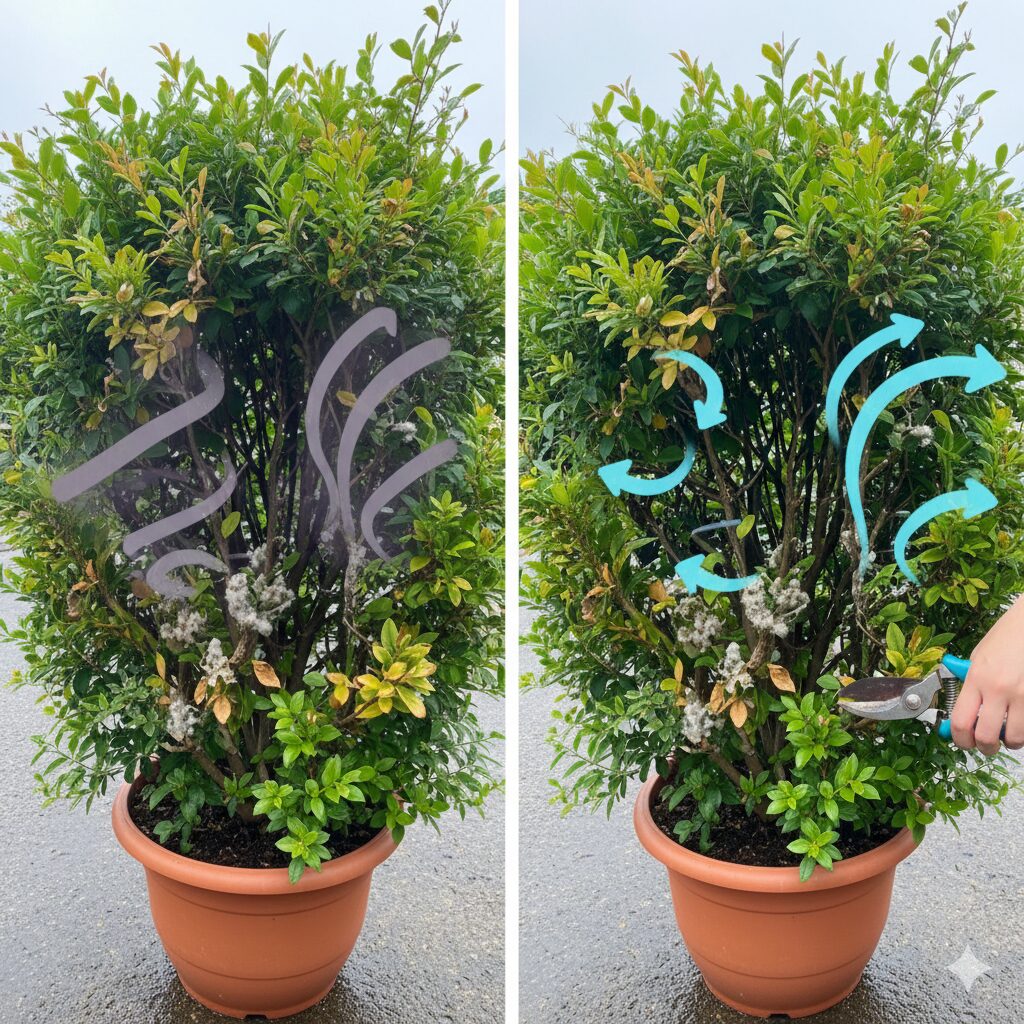 ユリオプスデージー 摘心　梅雨前の剪定が必要な理由：株内部の蒸れと病害虫を防ぐための通気性確保の図解