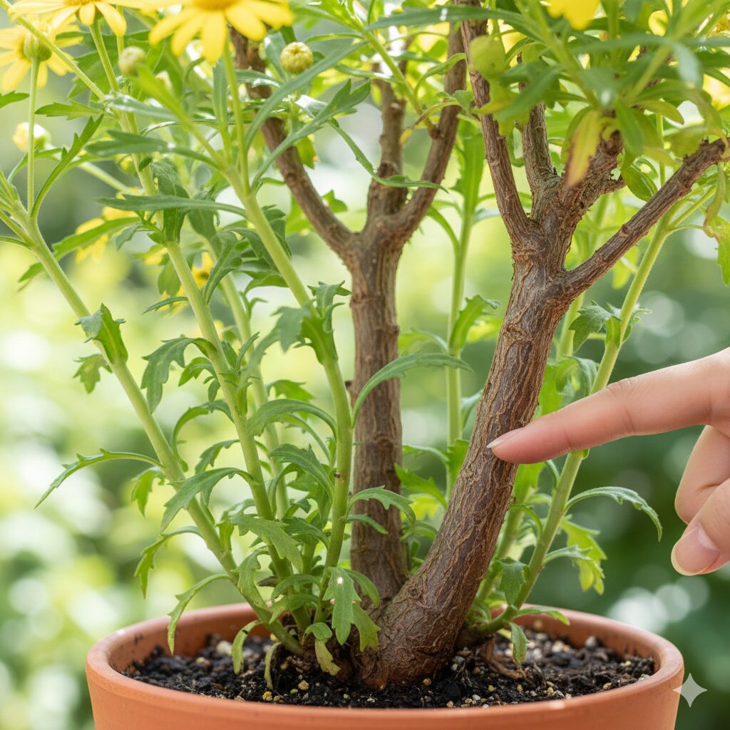 ユリオプスデージー 摘心　ユリオプスデージーの茎の木質化（老化）の様子と、下葉が枯れ上がった状態のクローズアップ