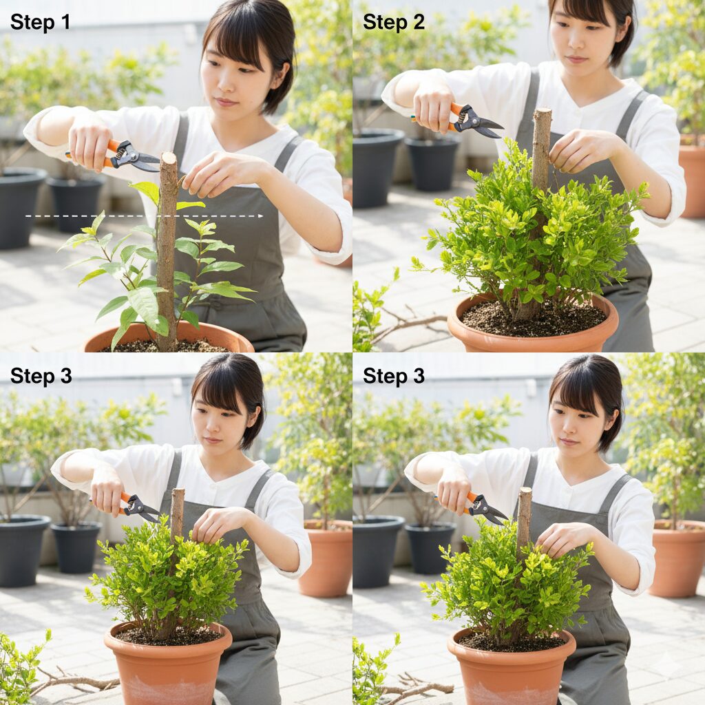 ユリオプスデージー 摘心　木質化したユリオプスデージーを低く仕立て直すための「二段階剪定」の手順図解