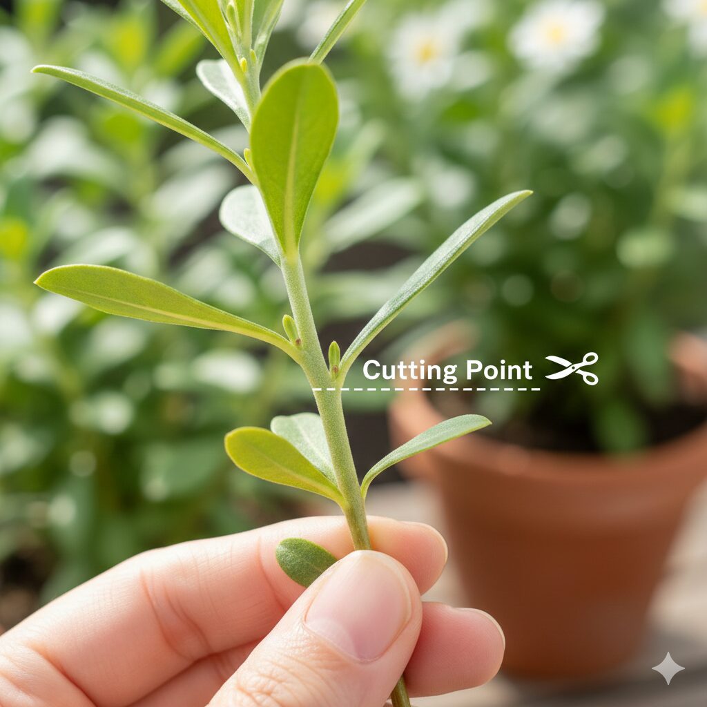 ユリオプスデージー 摘心　失敗しない剪定位置：節と脇芽のすぐ上（約5mm）で切るための正しい位置の見極め方