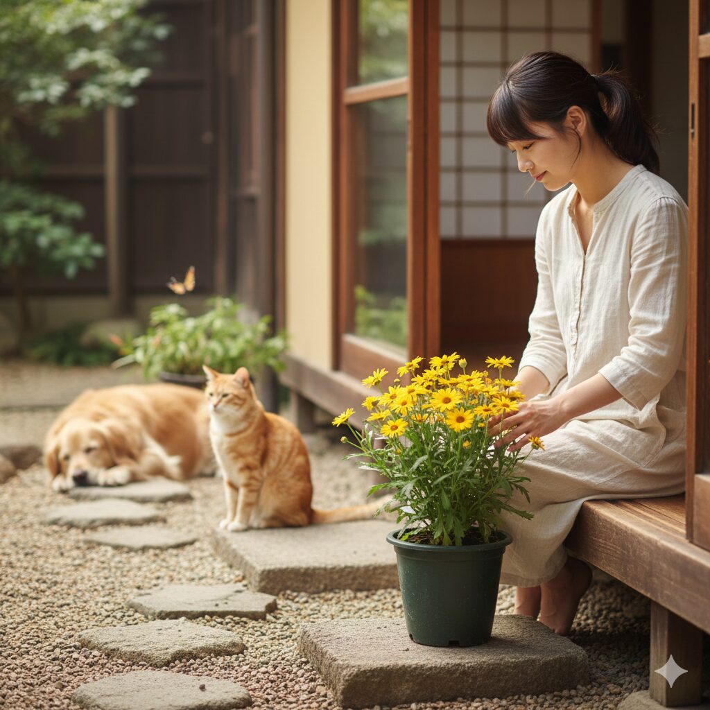 ユリオプスデージー 育て方　ガーデニングを楽しむ庭での犬とユリオプスデージー。ペットの誤食防止のイメージ