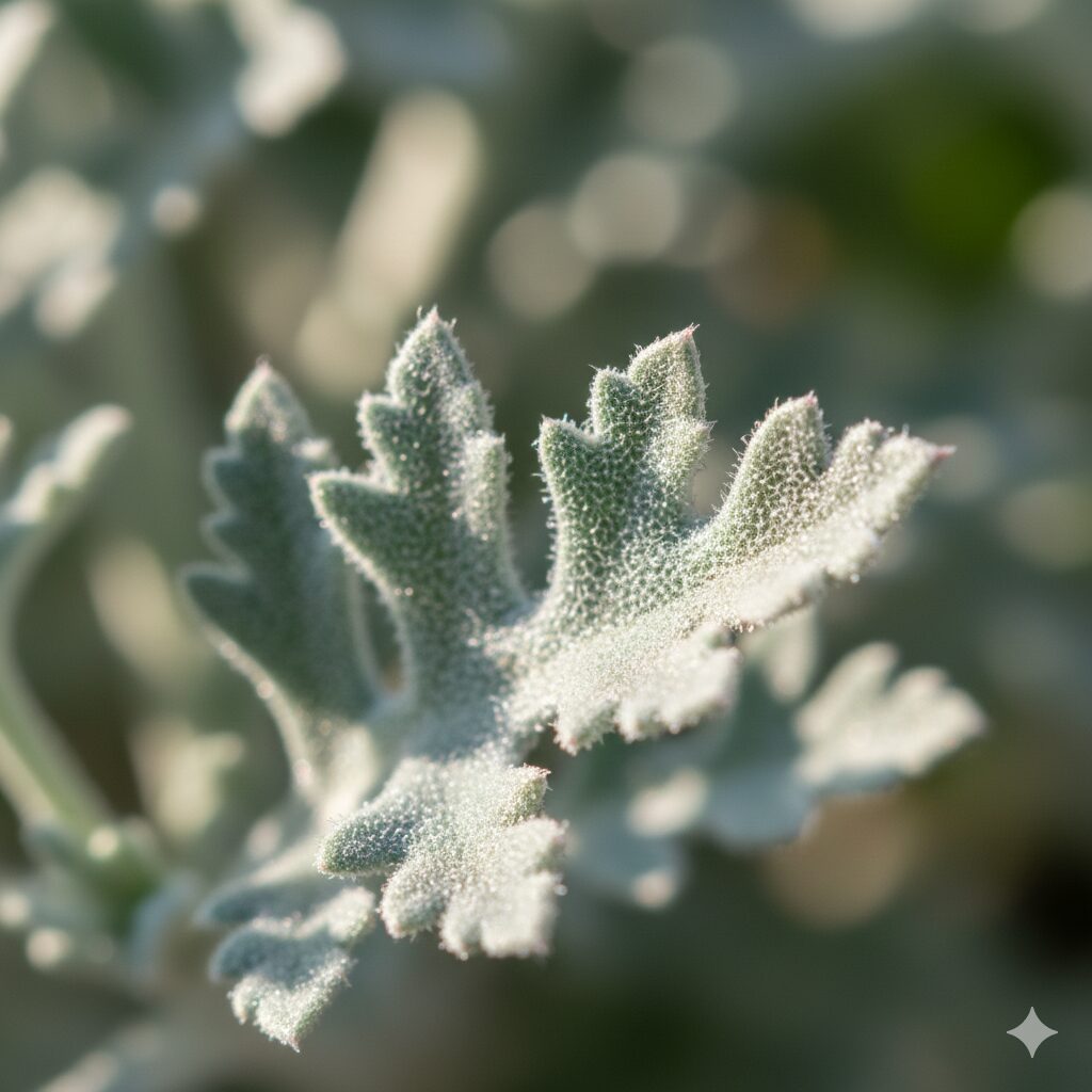 ユリオプスデージー 育て方　ユリオプスデージーのシルバーリーフの拡大。細かい産毛と深い切れ込みの特徴