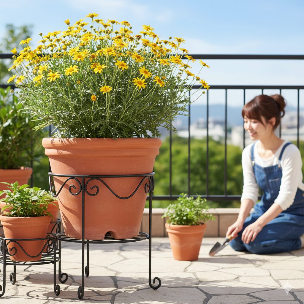 ユリオプスデージー 育て方　日当たりと風通しの良い場所にフラワースタンドを使って置かれたユリオプスデージーの鉢植え