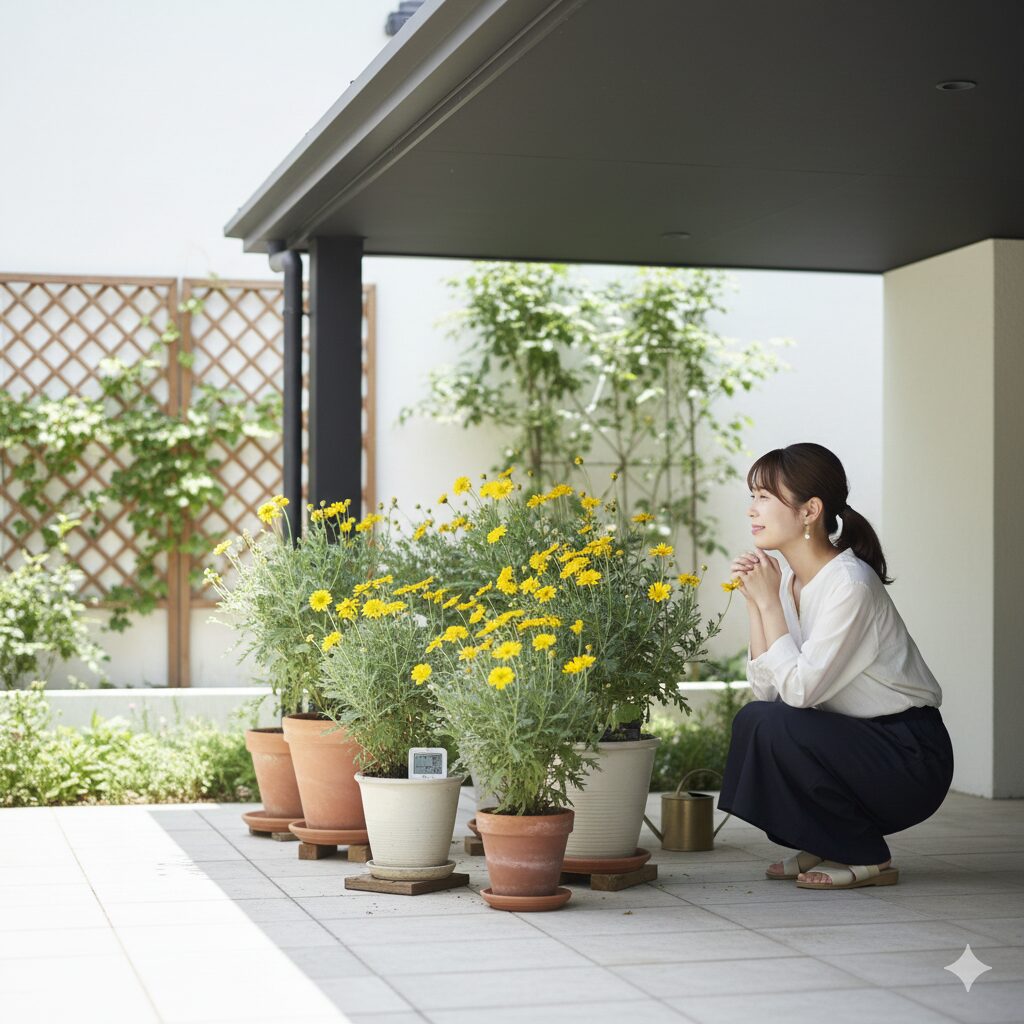 ユリオプスデージー 育て方　夏越しのために軒下の涼しい半日陰へ移動させたユリオプスデージー