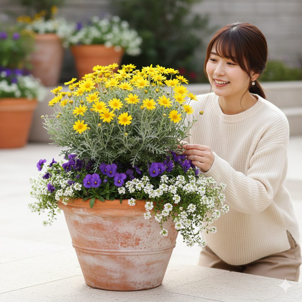 ユリオプスデージー 育て方　ユリオプスデージーと紫のビオラ、白のアリッサムを組み合わせた冬の寄せ植え