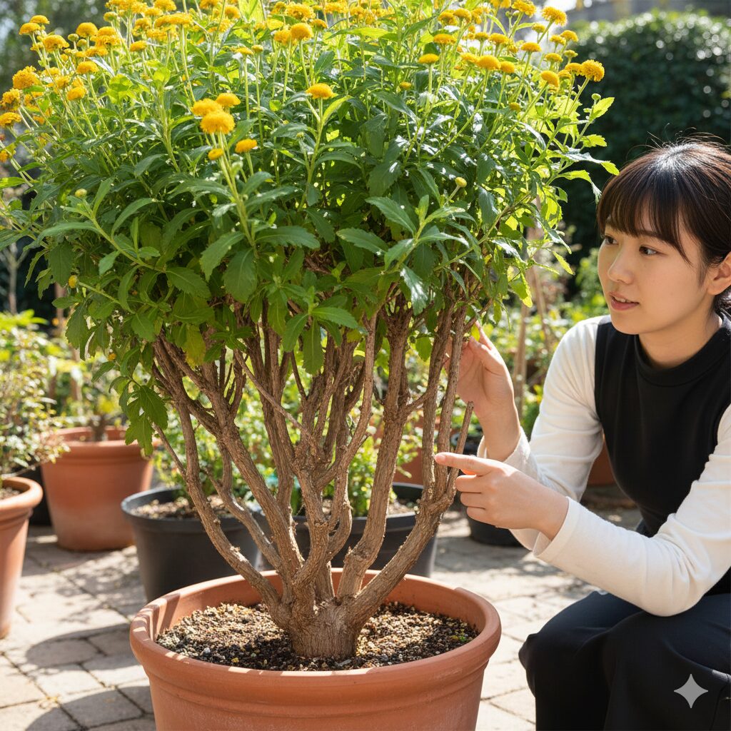 ユリオプスデージー 育て方　成長して数年が経過したユリオプスデージーの株元の写真。下の方の茎が茶色く樹皮のようになり（木質化）、上の方には緑の葉が茂っている、常緑低木としての特徴がわかる比較画像。