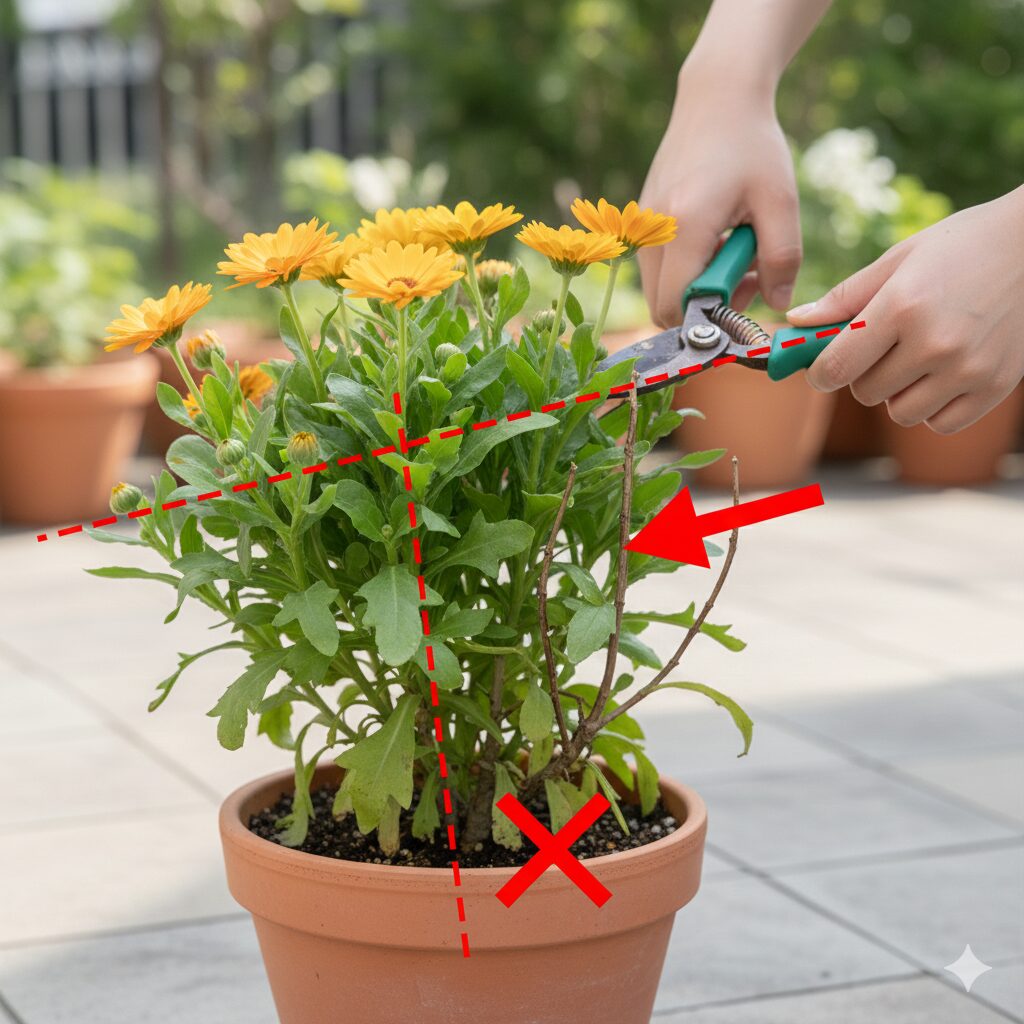 ユリオプスデージー 育て方　ユリオプスデージーの正しい剪定位置。必ず緑の葉を残して切るポイントの解説図