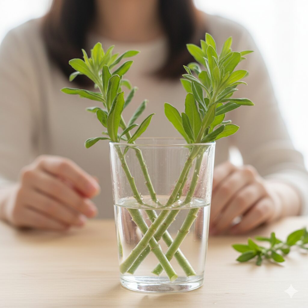 ユリオプスデージー 育て方　下葉を取り除き切り口を斜めにカットして水揚げ中のユリオプスデージーの挿し穂