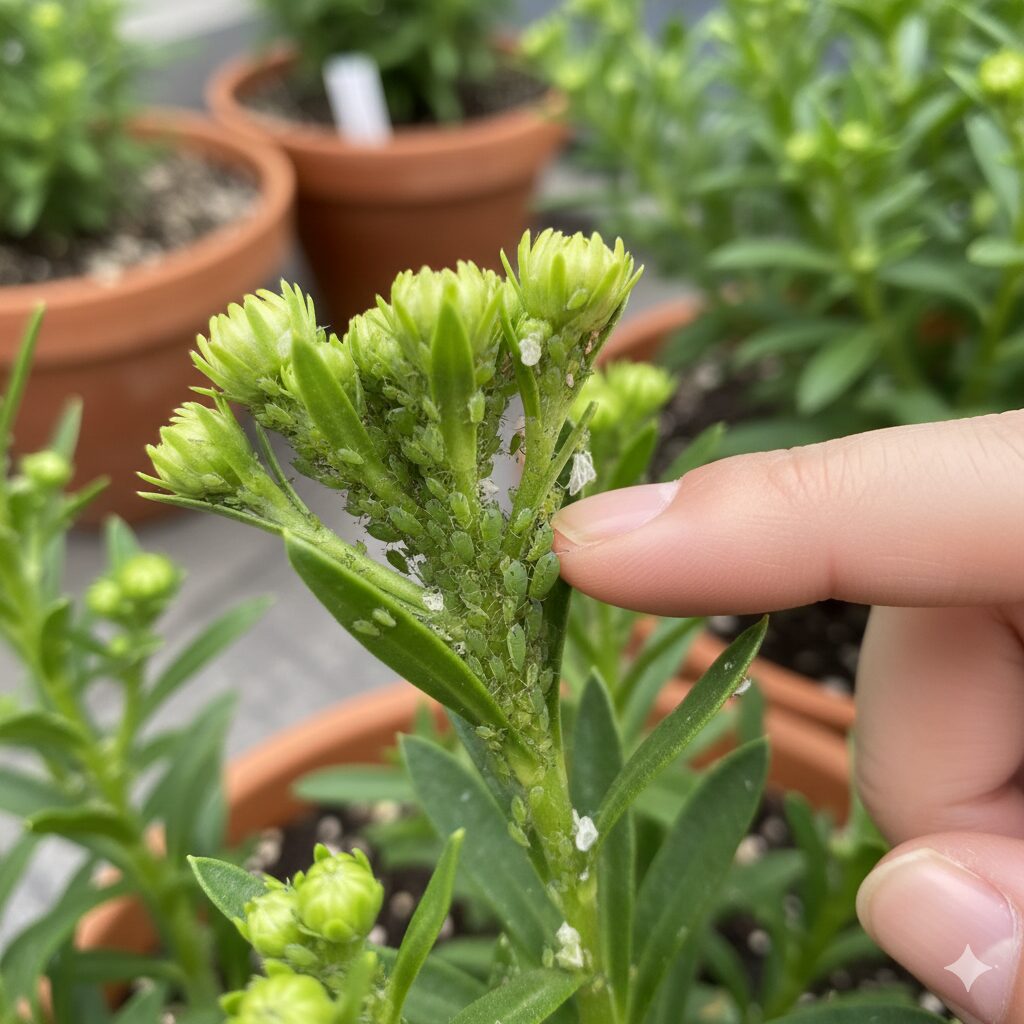 ユリオプスデージー 育て方　ユリオプスデージーの新芽や蕾に発生したアブラムシの被害写真