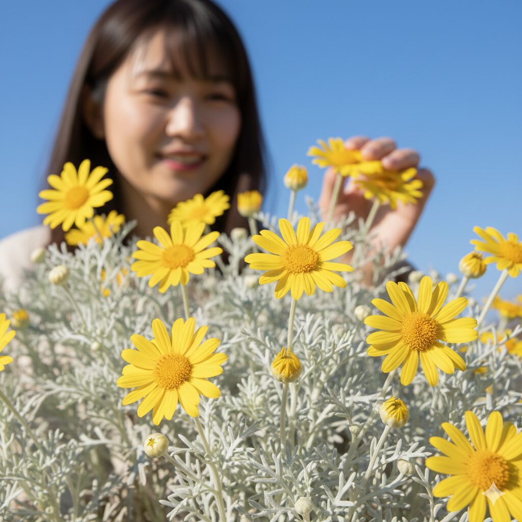 ユリオプスデージー 花言葉　冬の青空の下で咲く鮮やかな黄色のユリオプスデージーの花とシルバーリーフ
