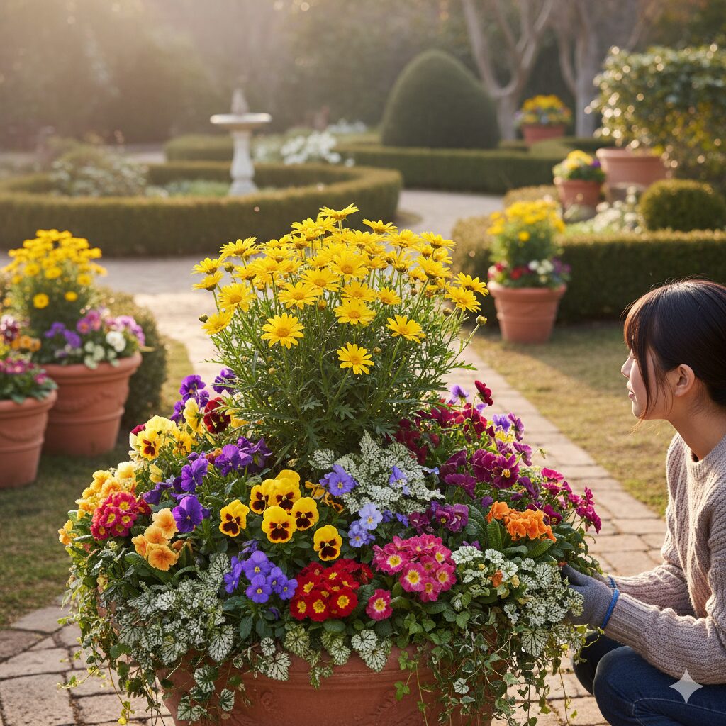 ユリオプスデージー 花言葉　冬のガーデニングで他の花と調和して咲くユリオプスデージーの寄せ植え