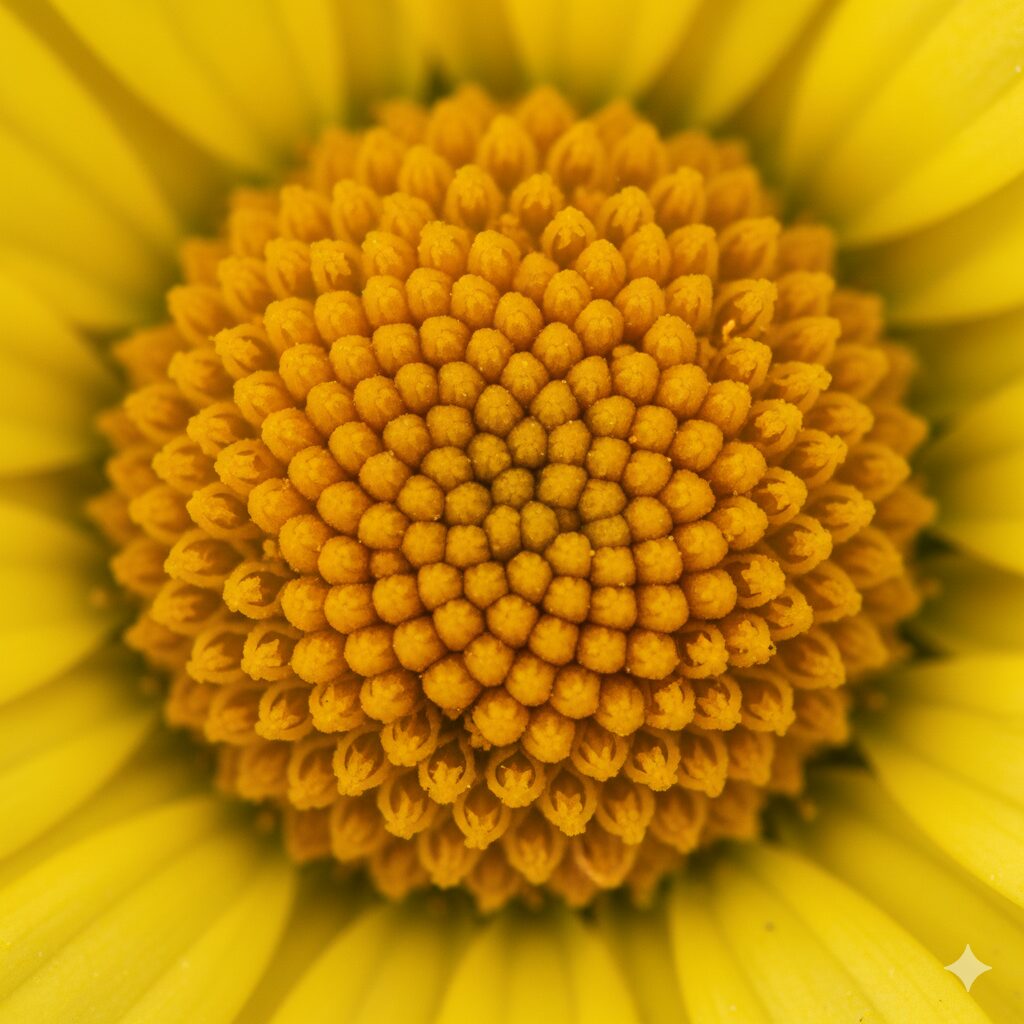 ユリオプスデージー 花言葉　学名「大きな目」の由来となったユリオプスデージーの花の中心部分の拡大写真