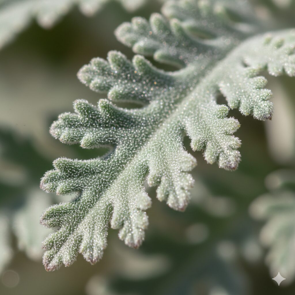 ユリオプスデージー 花言葉　花言葉「清楚」を表すユリオプスデージーの銀白色の葉と細かい綿毛の質感