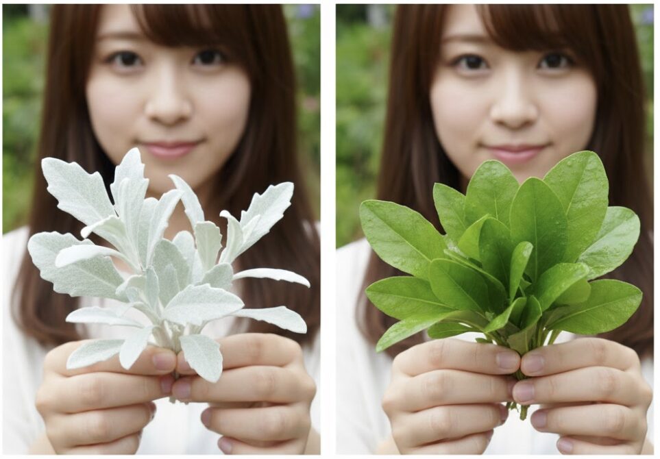 ユリオプスデージー 花言葉　【比較画像】ユリオプスデージーの銀色の葉とマーガレットコスモスの緑色の葉の違い