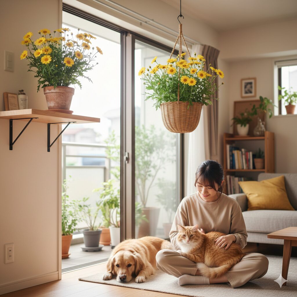 ユリオプスデージー 花言葉　ペットの誤食を防ぐために高い場所に飾られたユリオプスデージーのハンギングバスケット
