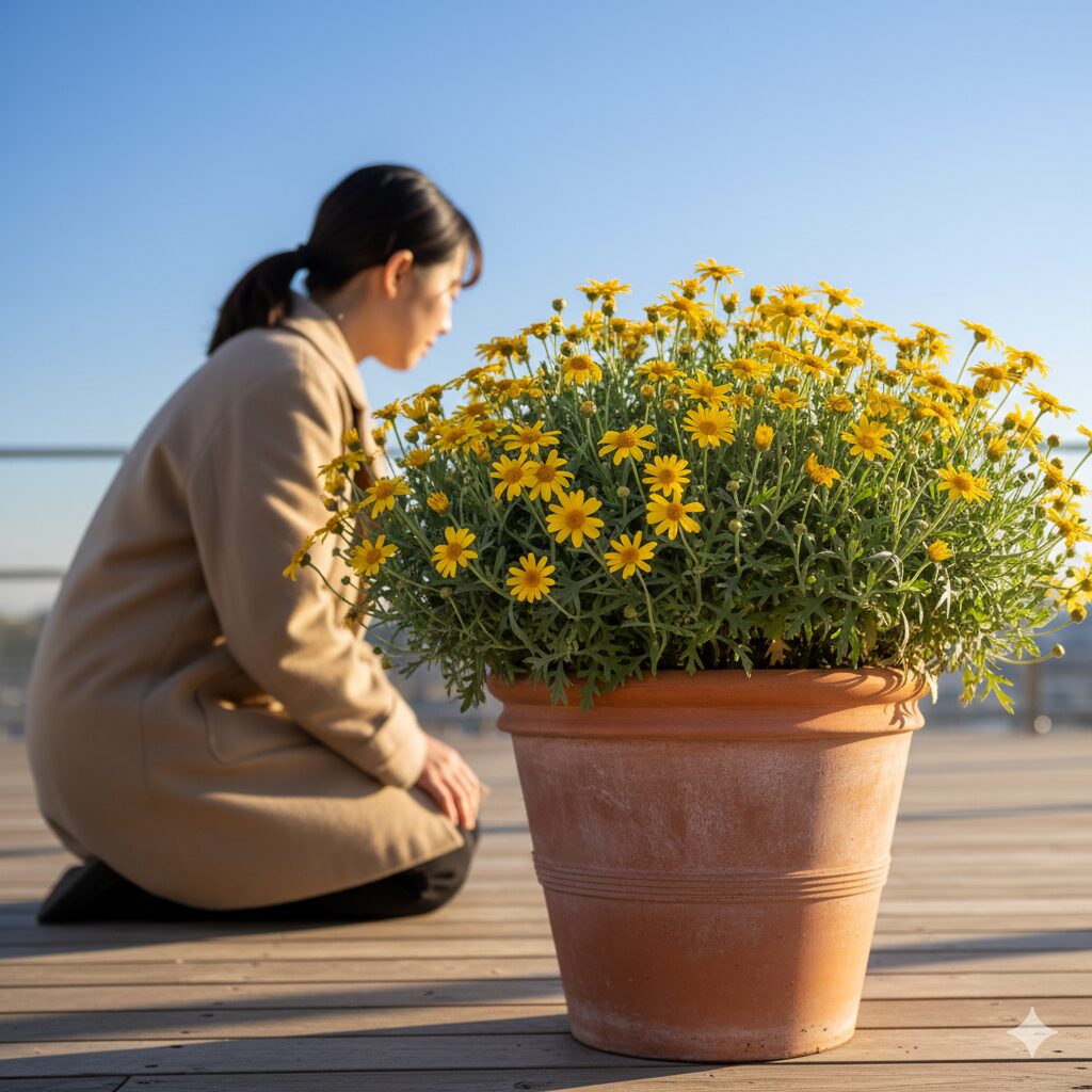 ユリオプスデージー 鉢植え　満開の黄色い花とシルバーリーフが美しい、日当たりの良いテラスに置かれたユリオプスデージーの鉢植え