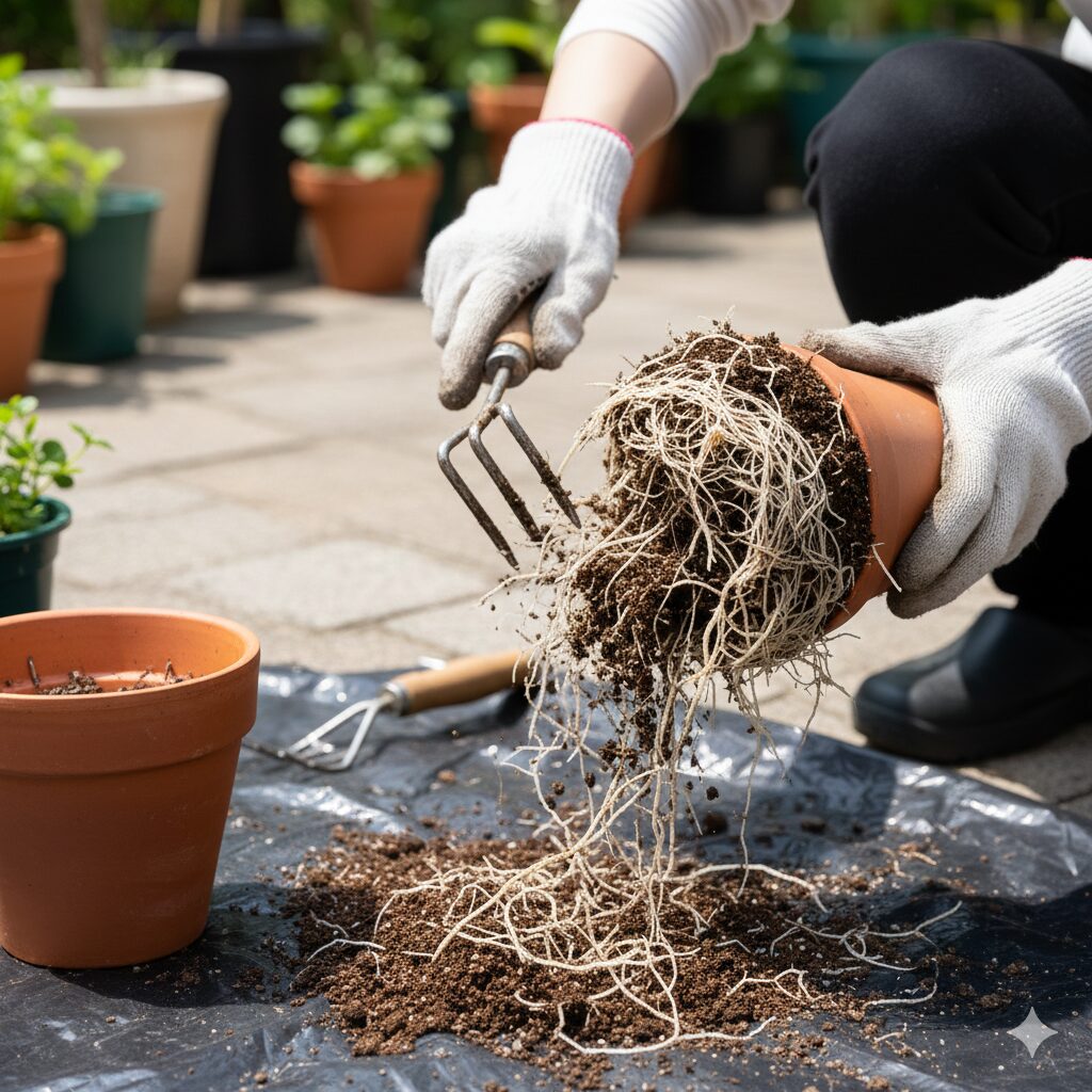 ユリオプスデージー 鉢植え　根詰まり解消のテクニック：固まった根鉢を崩し、古い根を取り除いてから植え替える様子