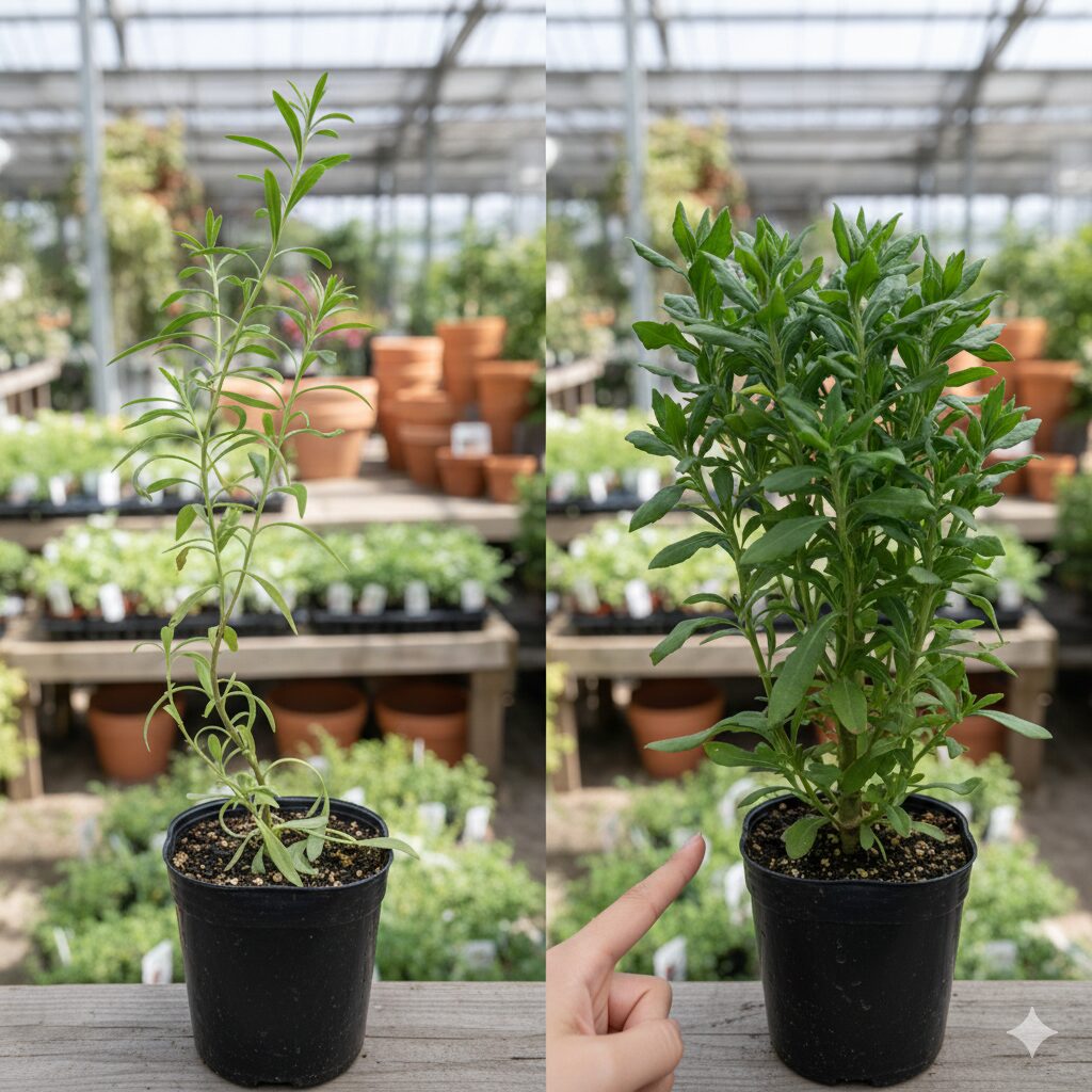 ユリオプスデージー 鉢植え　ユリオプスデージーの苗の選び方：徒長した弱い苗と株元が太くガッチリした健康な苗の比較