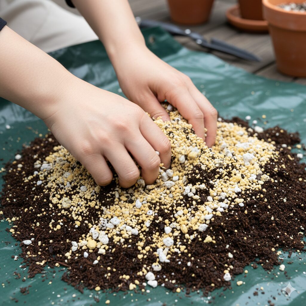 ユリオプスデージー 鉢植え　ユリオプスデージー用の土作り：培養土に鹿沼土と軽石を混ぜて水はけを強化した配合土